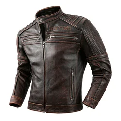 Men's Vintage Biker Jacket Top Layer Standing Collar Cowhide Motorcycle Jacket Classic Stone Milled Calfskin Moto Riding Suit