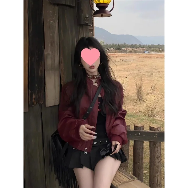 Cappotto da giacca in pelle stile corto stile americano eleganza retrò sensazione premium Top da giacca da locomotiva autunno nuovo modello da donna