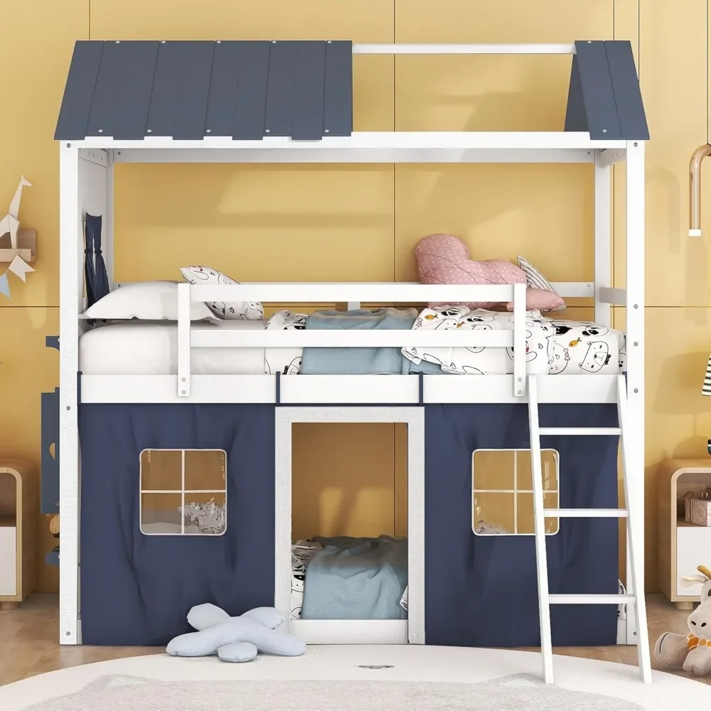 House Twin Loft Bunk Bed with Tent,Kids Twin Loft Bed with Ladders Guardrail  Windows & Roof Wood Twin over Plywood kid bed