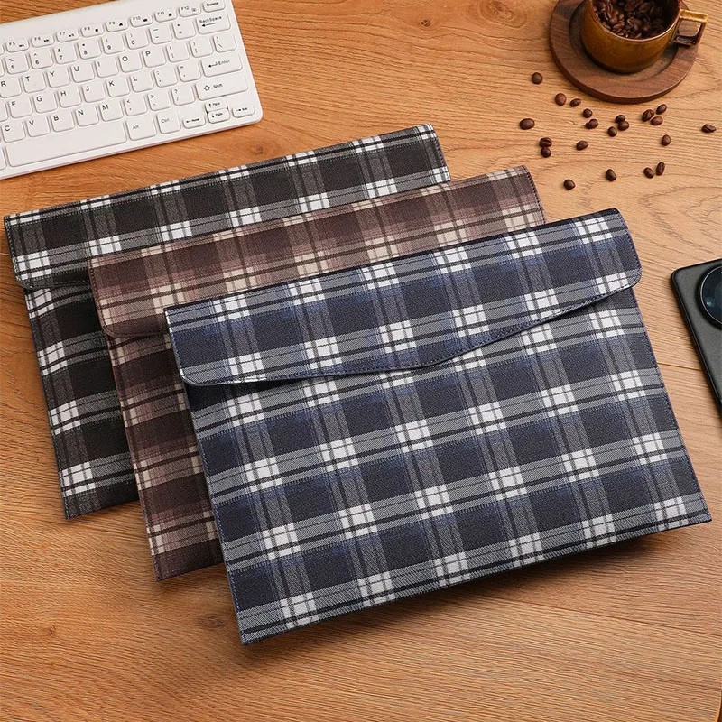 A4 PU Leather Envelope File Folder, Plaid Waterproof Document Bag, Durable Large Capacity Organizer for Office School