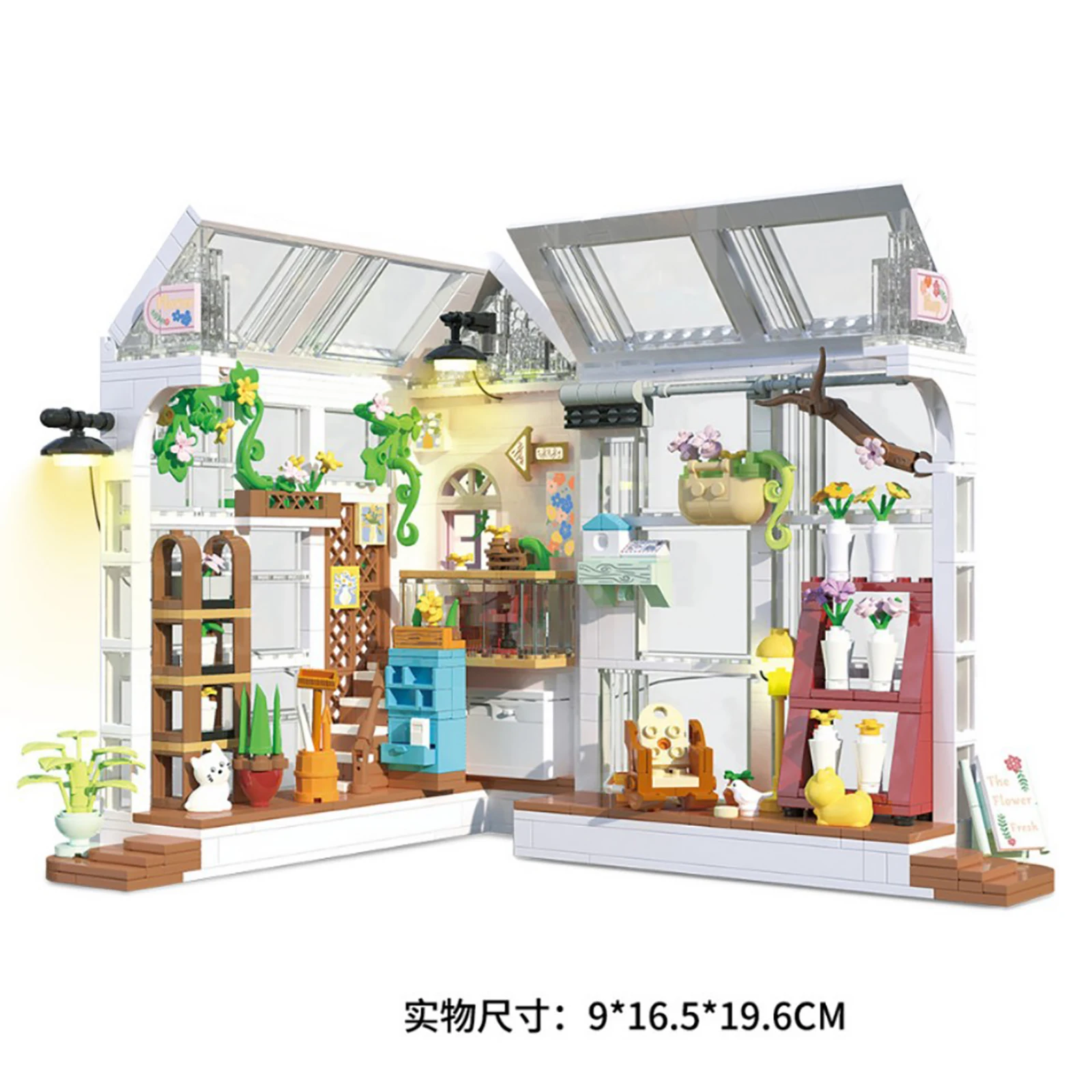 Sujetalibros de construcción de paisaje urbano con Kit de tira de luz, librería de micropartículas, tienda de flores de café, juguete de ensamblaje para regalos de niños