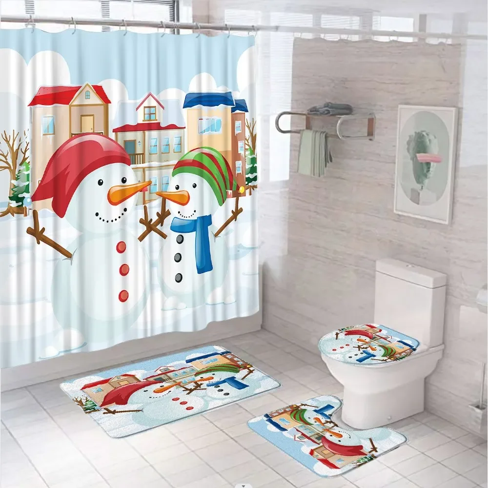 Winter Snowman Shower Curtain Set Carpet Rug Toilet Lid Cover Xmas Decor Village Country Fabric Bathroom Curtains With 12 Hooks