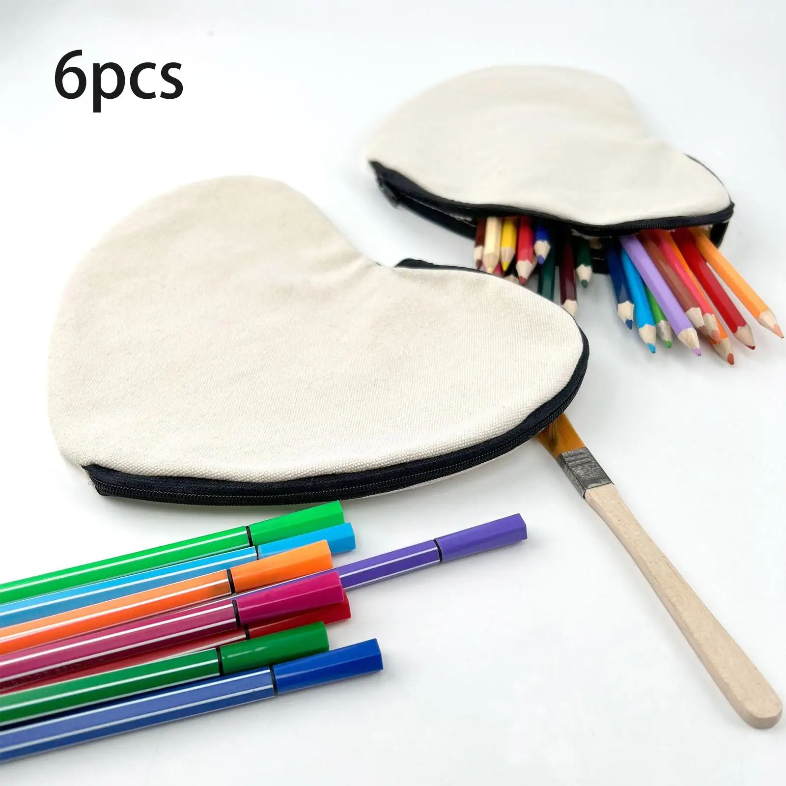 6 Pieces Blank DIY Craft Bags Cosmetic Bag Heart Shaped Canvas Pencil Bag