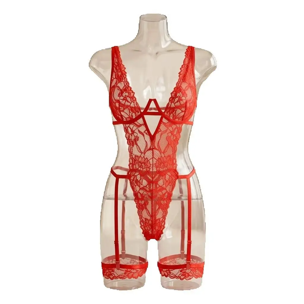 Lace Underwear Set with Stockings Hot Garter Belt Body Suit Costumes Women Lingerie Curve Tight Lingeries Bodysuit
