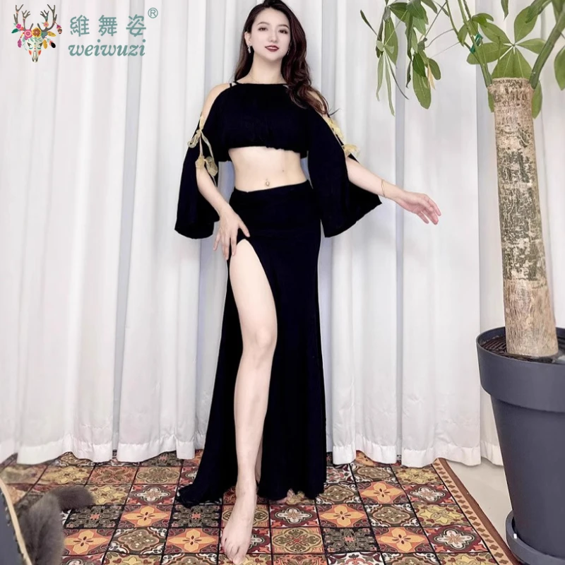 Danse du ventre femme adulte élégant Modal haut vêtements d'entraînement costume Oriental Dancewear taille haute chemise jupe longue ensemble de performance