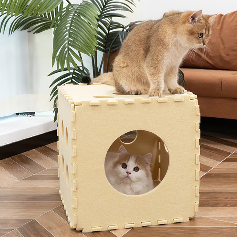 Pet Bed Houses For Indoor Cats Dice Shape Felt Cloth Warm Removable Foldable For Sleeping Resting Napping Relaxing Supplies