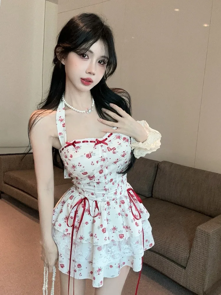 달콤한 꽃무늬 타이다이 나비 매듭 스트랩 탑 레이스 스플라이싱 케이크 스커트 세트 여성 캐주얼 스타일 폴리에스터 소재 가을 의류