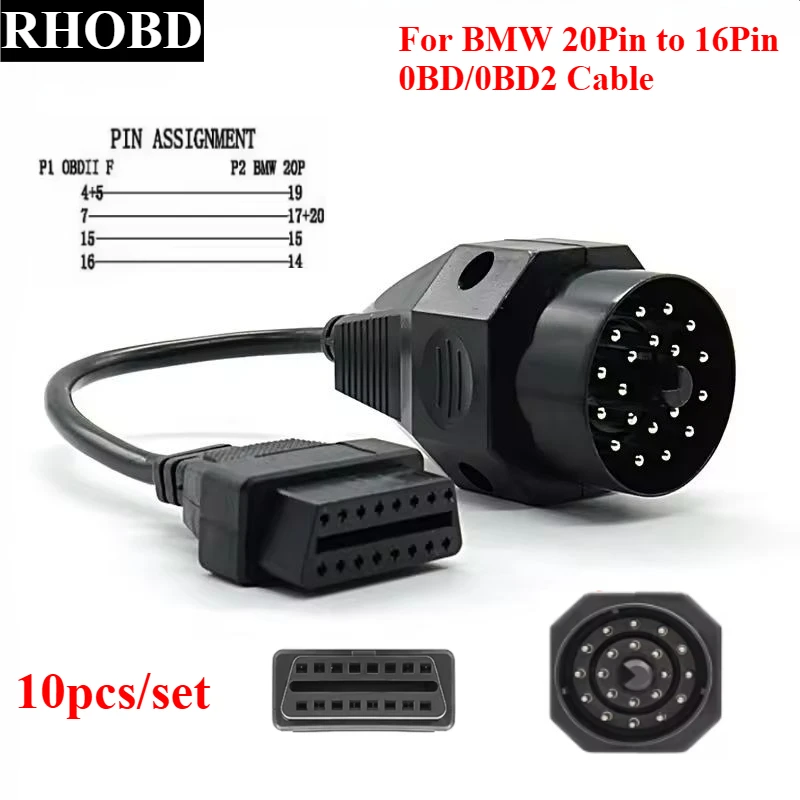 

10 шт./компл. новый разъем для BMW 20Pin к OBD2 16PIN, гнездовой разъем для 36/e39/X5/Z3 для BMW 20pin 20PIN OBD2, кабель-адаптер высокого качества