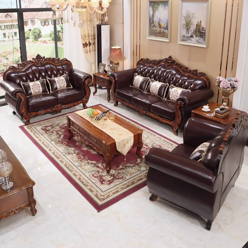 European leather sofa living room all solid wood American villa retro first layer cowhide luxury light luxury large apartment fu