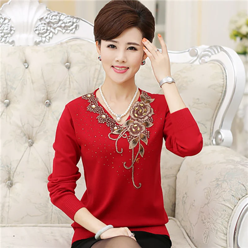 Elegant V-Neck Knitted Embroidery Beading Sweaters Women's Clothing 2023 Autumn Winter Loose Korean Pullovers Office Lady Tops