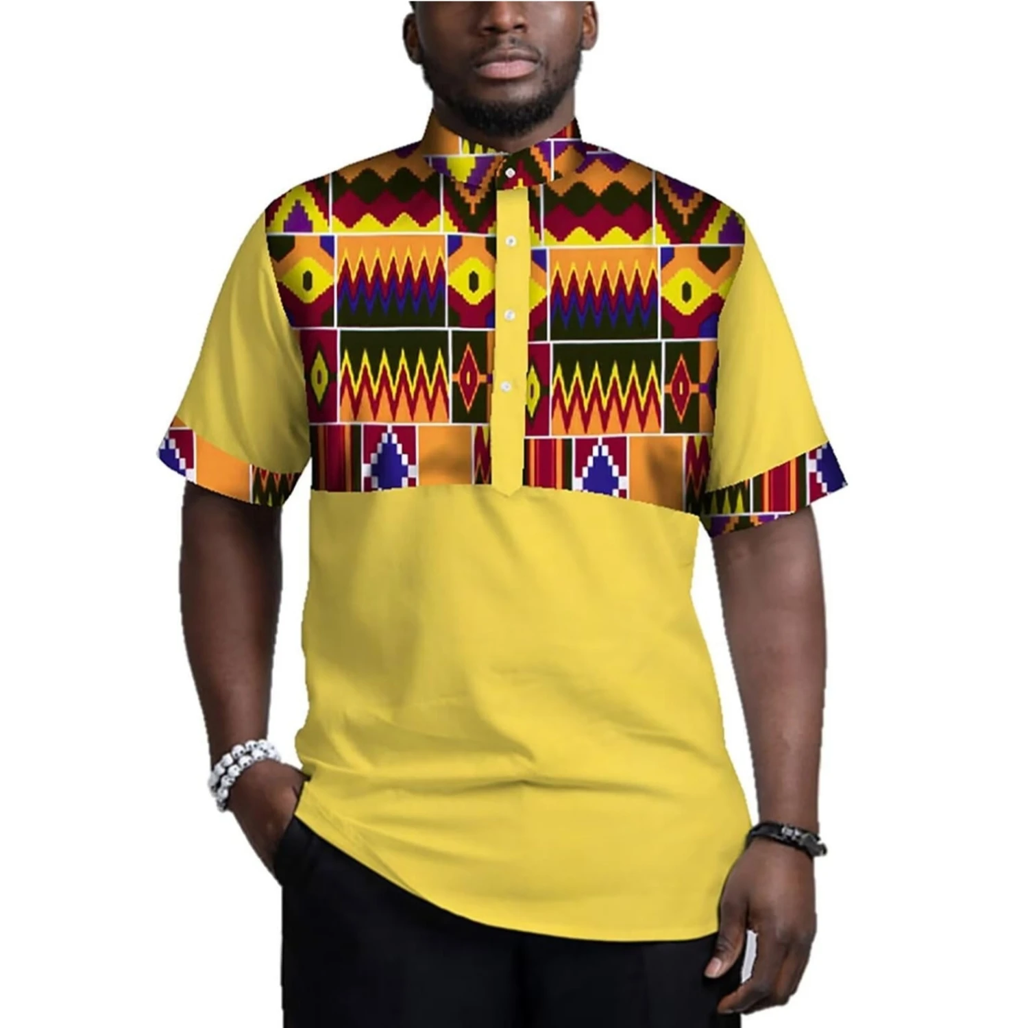 الرجال الأفريقي قميص التقليدية طباعة القبلية نمط ايوسل المرقعة تصميم قصيرة الأكمام الوقوف طوق زر أسفل قميص WYN781