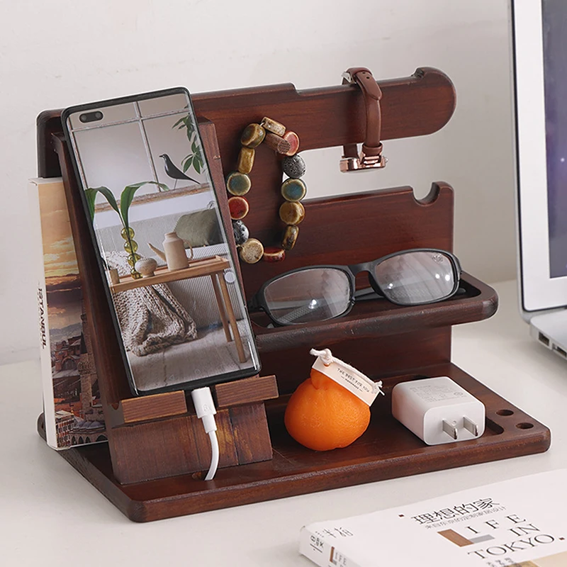 Holz Nacht Holz Telefon Docking Station Halter Brieftasche Stehen Multifunktionale Uhr Lagerung Rack-Home Desktop Dekoration