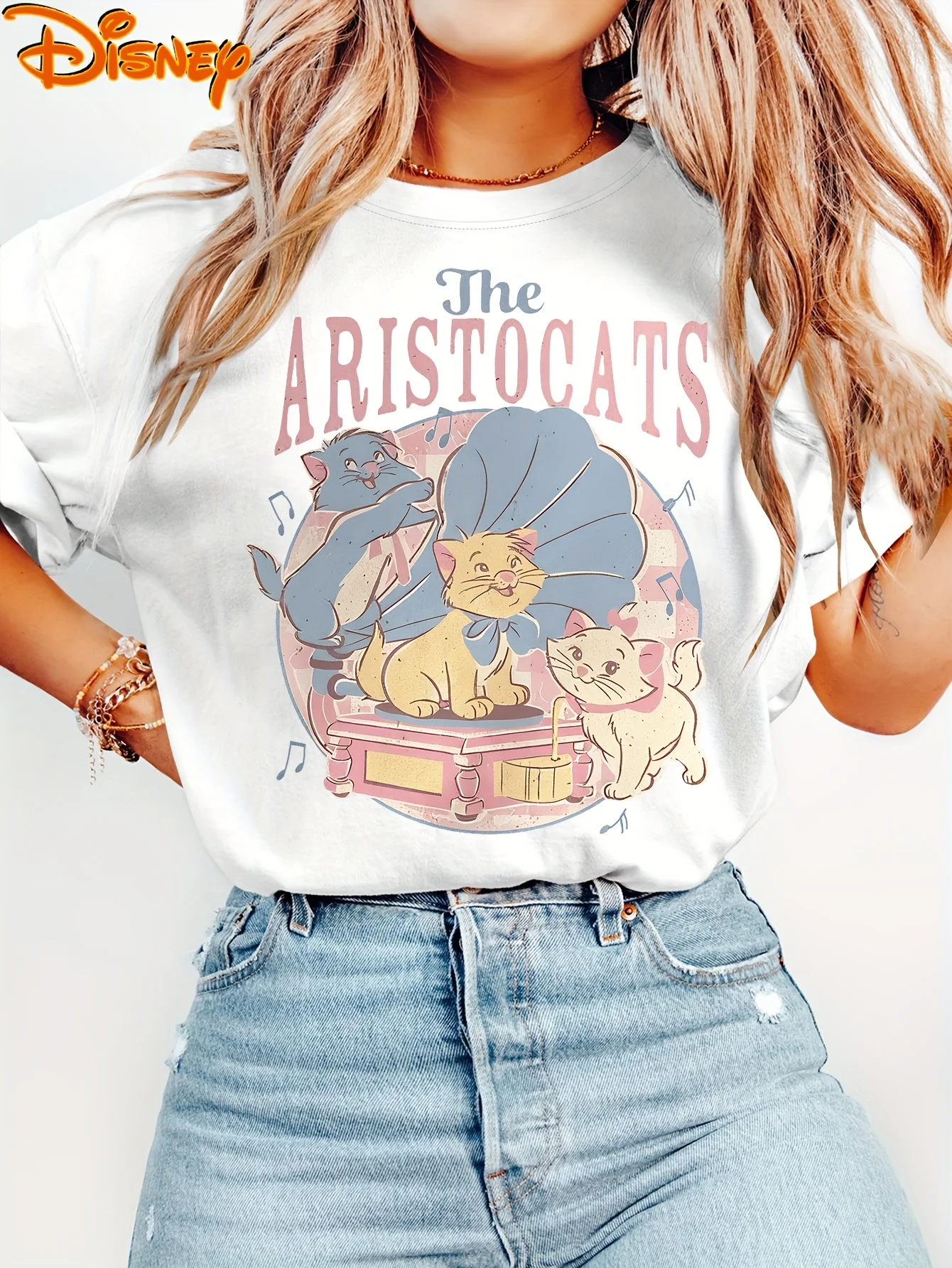 

2025 Disney Pattern Printed Women's Casual Comfortable Unique Smiling Face Black Round Neck Short Sleeve T-shirt