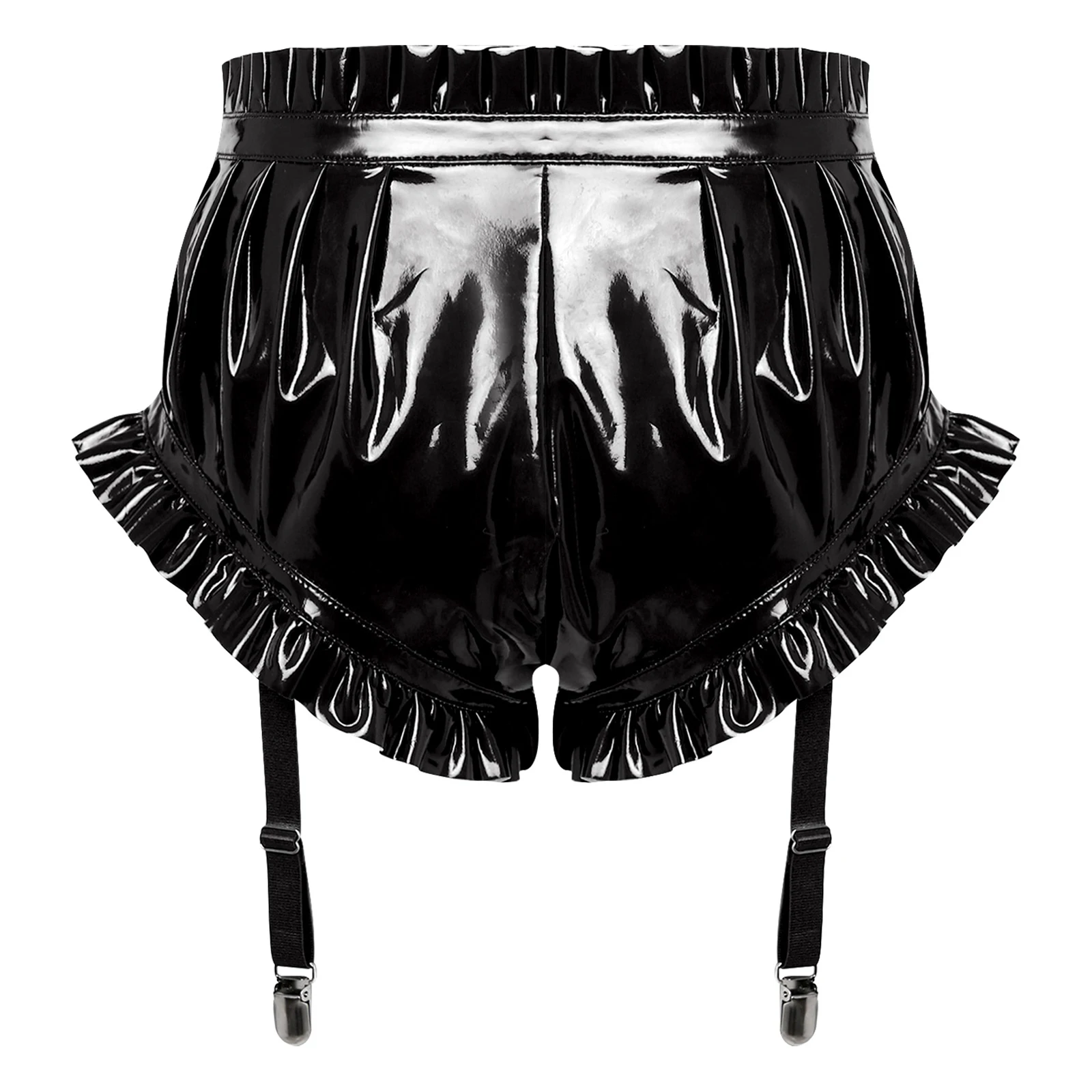 Womens Latex Lingerie Shorts Ruffle Trim with Garter Clips Ruched Bloomer Shorts Wet Look PU Leather Glossy Rave Party Clubwear