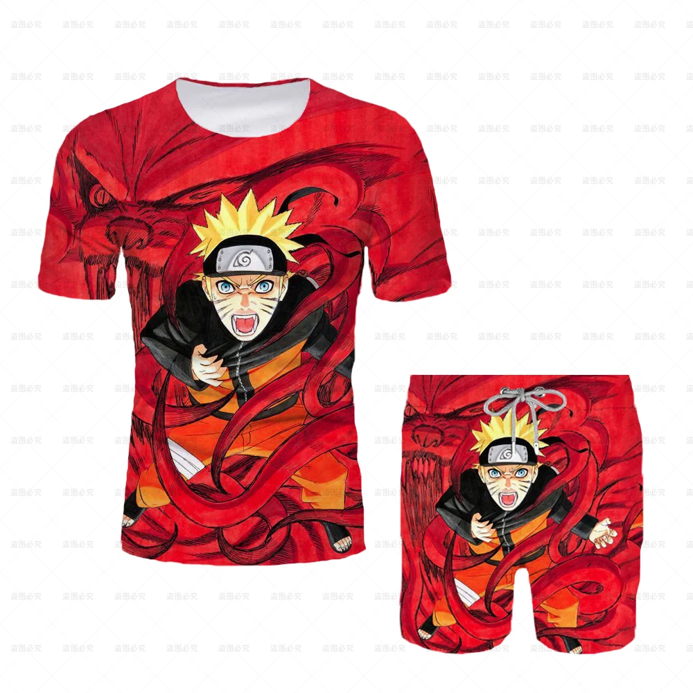 جديد 2025 اليابانية الكرتون ناروتو تي شيرت الكبار الرجال تي شيرت كامل السراويل قطعتين مجموعة الصيف الصبي الكرتون قميص جذاب + بناطيل الشواطئ