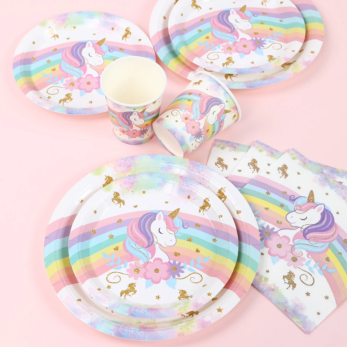 Regenbogen-Einhorn Einweggeschirr für die 1. Geburtstagsfeier – Einhorn-Motto-Dekorationen für Kinder, Hochzeiten, Babypartys und Mädchen-Partys – Detail 7