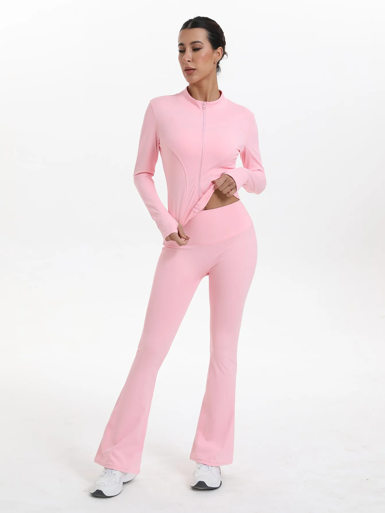 Fitfemme Spring 2Pcs Women's Casual Bell Bottoms Yoga Sport Suit With Pockets High Waist Legging Jacket Running Pants image 4