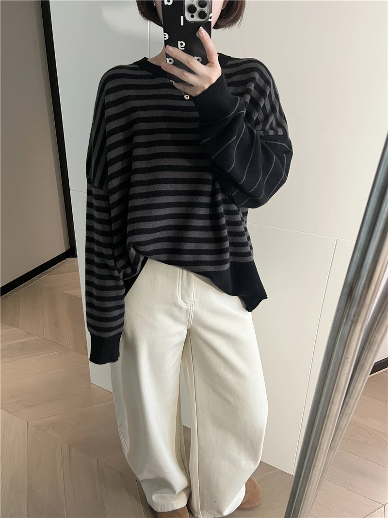 

Korean Sle Striped Color Blo round Ne Women's Sweater Autumn Winter New Loose Long Sve Camere Knitted Top