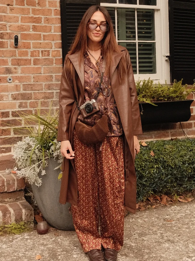 

HH Women's Fashion 2-Piece Set Paisley Lapel Single-Breasted Pajama Style Printed Shirt+High-Waisted Casual Lace-Up Long Pants