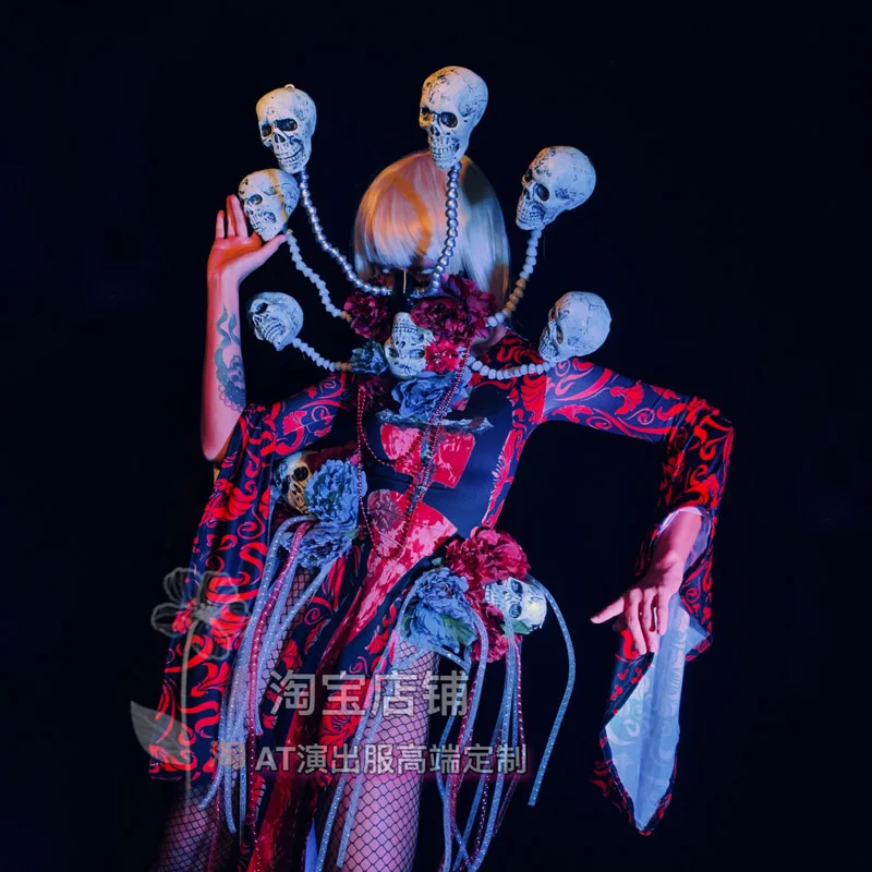 Nightclub Halloween Party Stage Costumes Skull Face Decorate Modern Jazz GOGO Pole Dance Clothing Festival Rave Outfits DWY8466