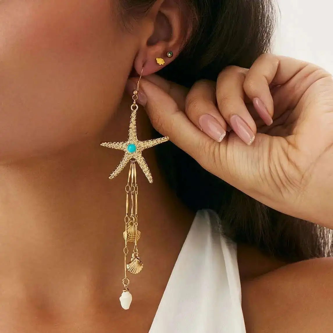 

Boho Starfish Conch Long Tassel Drop Earrings for Women Trend Creative Beach Vacation Gold Color Earrings Charm Jewelry