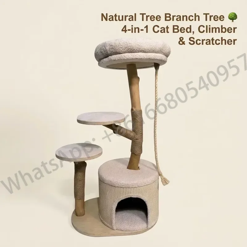 Wooden Cat Tree Tower Modern Cat Climbing Condo Eco-Friendly Anti-Slip Design 3-Level Indoor/Outdoor Cat Furniture