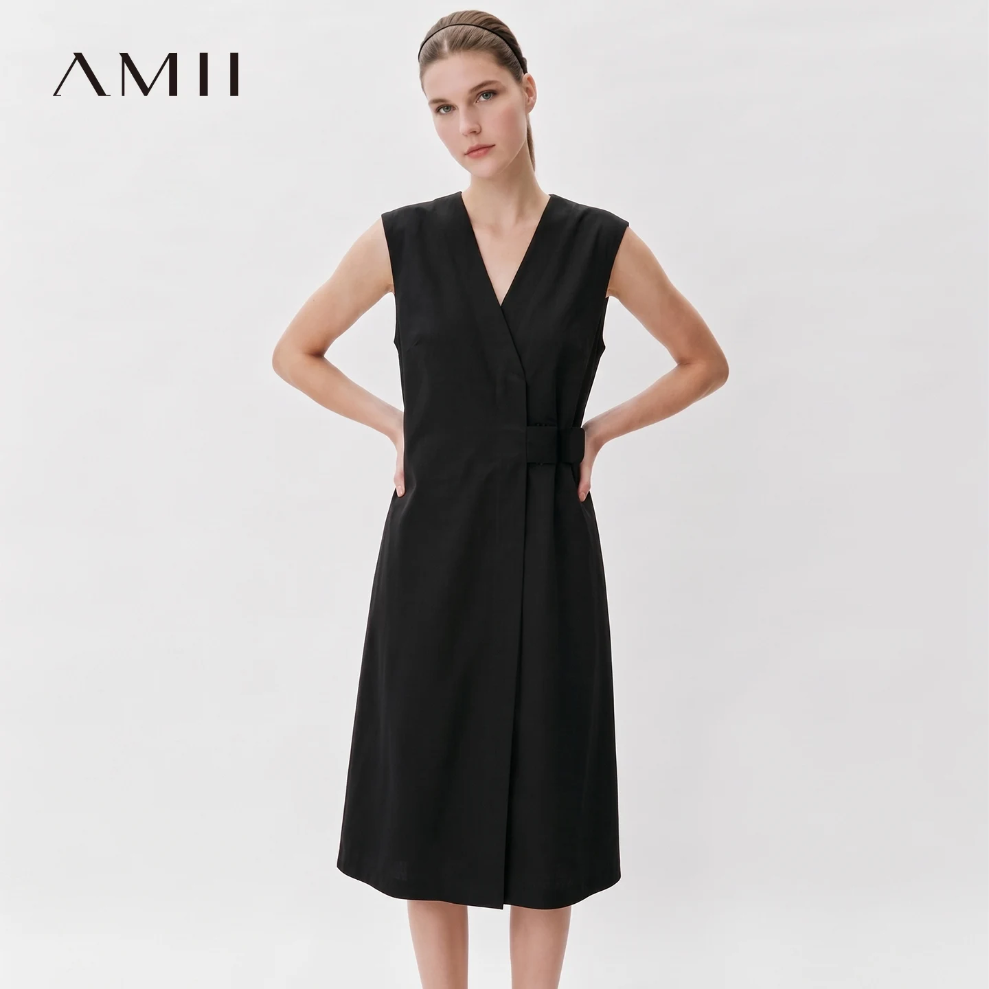 

Amii Women's Summer Dress 2026 New Solid Color Loose Simple Elegant Office V-Neck A-Line Midi Women's Casual Dresses 12652058