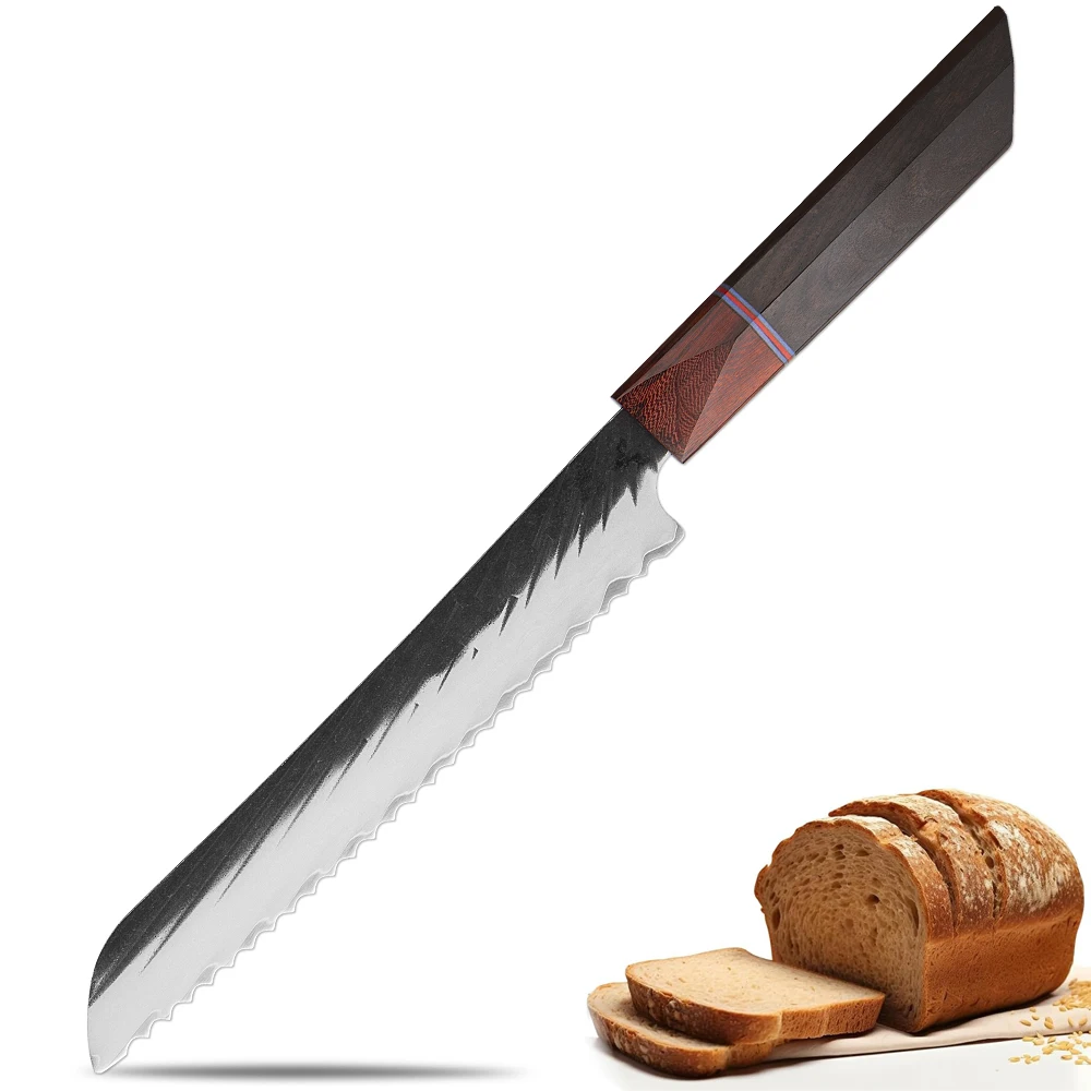 Handgeschmiedetes professionelles 8-Zoll-Brotmesser, Küchenmesser, 3-lagiges scharfes Schneidemesser aus Verbundstahl für Toast, Kuchen, Ebenholzgriff