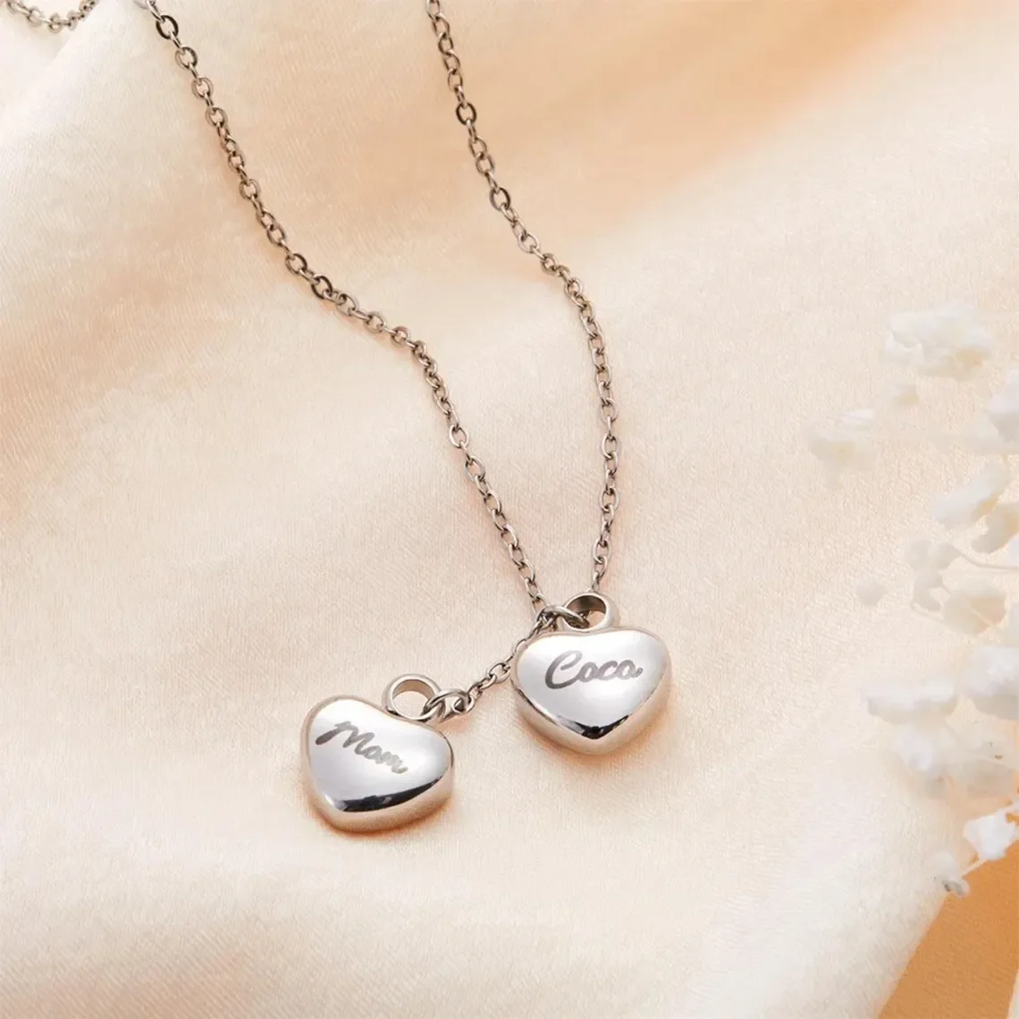 Personalized Name Double-Heart Urn Necklace for Ashes Stainless Steel Cremation Jewelry Memorial Gift for Human&Pet Length 50cm
