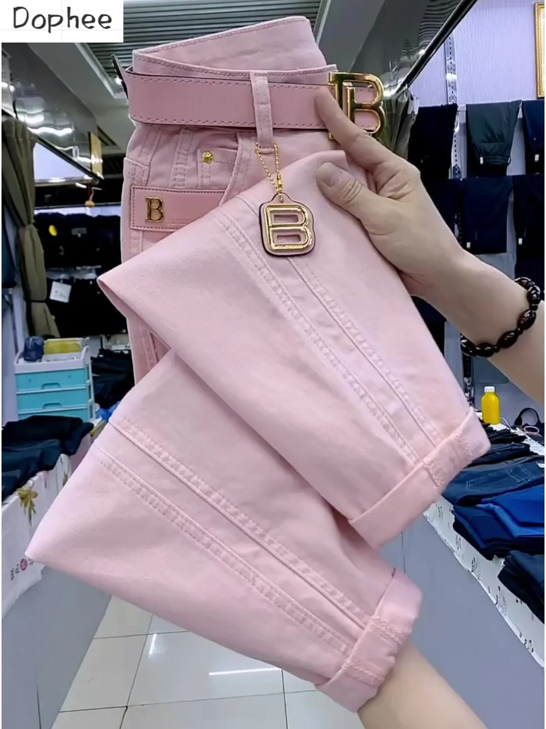 

High Waist Pink Denim Harem Pants 2023 New Spring Summer Loose Ankle-length Jeans All-match Large Size Straight Pants M-4XL