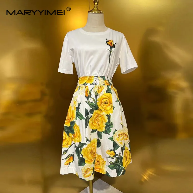 MARYYIMEI Fashion Women\'s Round Neck Woven Cotton Short-Sleeved White Floral Top+Yellow Rose Printed Bell-Bottoms 2-Piece Set