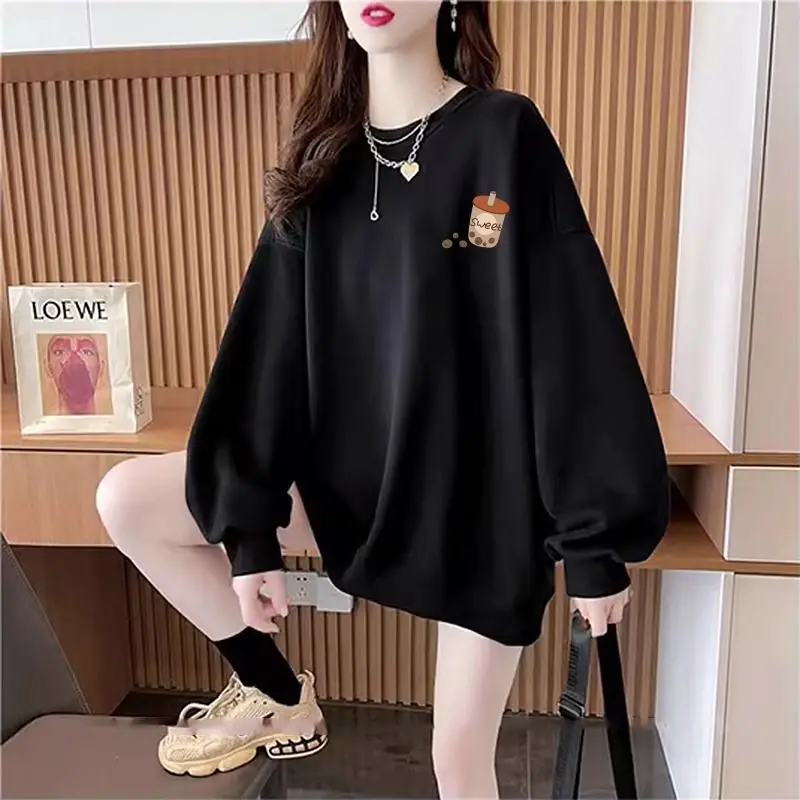 

2023 New Spring and Autumn Fashion Trend Lazy Round Neck Print Loose Relaxed Oversized Belly Covering Versatile Women's Sweater