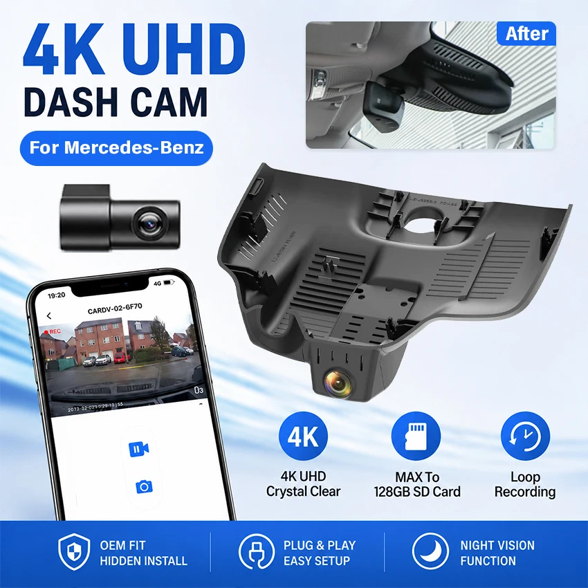 4K 2160p Fron and Rear Dual Lens Dash Cam For Mercedes‑Benz E‑Class W213 2021‑2023 Car DVR WiFi APP Parking Night Vision