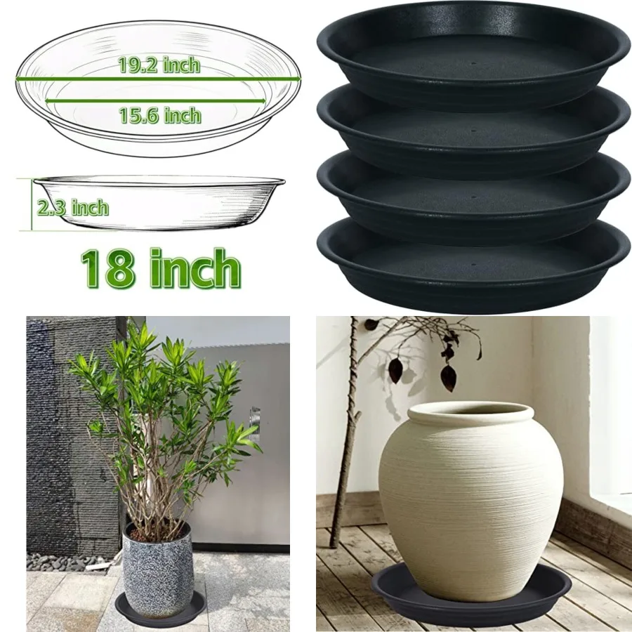 

4 Pack of 18 19 inch Plant Saucer Drip Tray, Large Deep Plastic Flower Planter Saucers and Drip Trays for Indoors Outdoors, Bath Baths Bowls, Heavy Durable Plant Plate Water Catcher (18", Black)