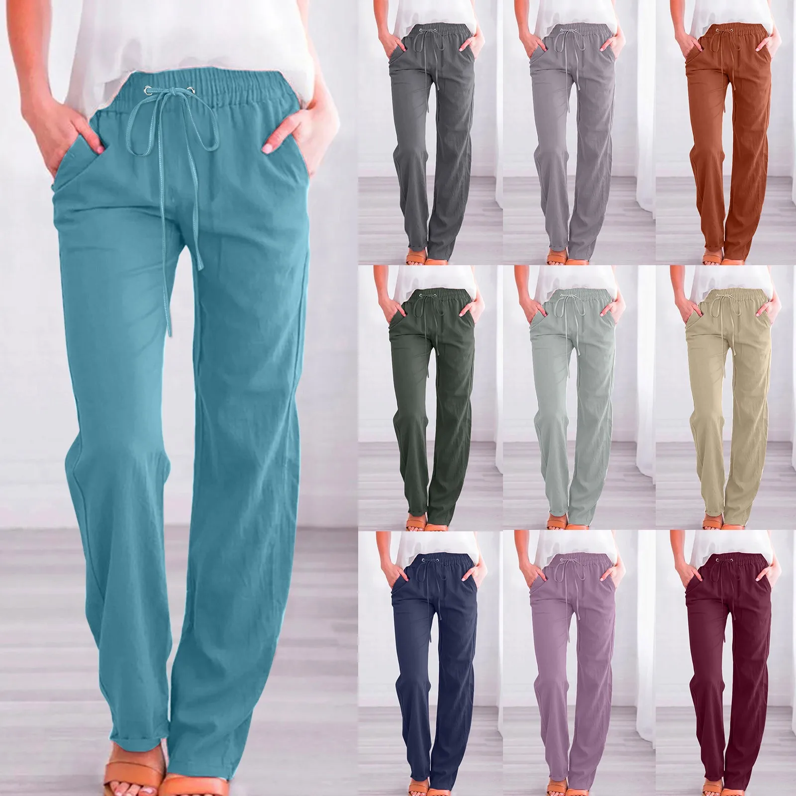 S-3XL 10 Colors Elastic High Waist Ankle-length Loose Straight Pants Solid Regular Women Daily School Shopping Travel Wear