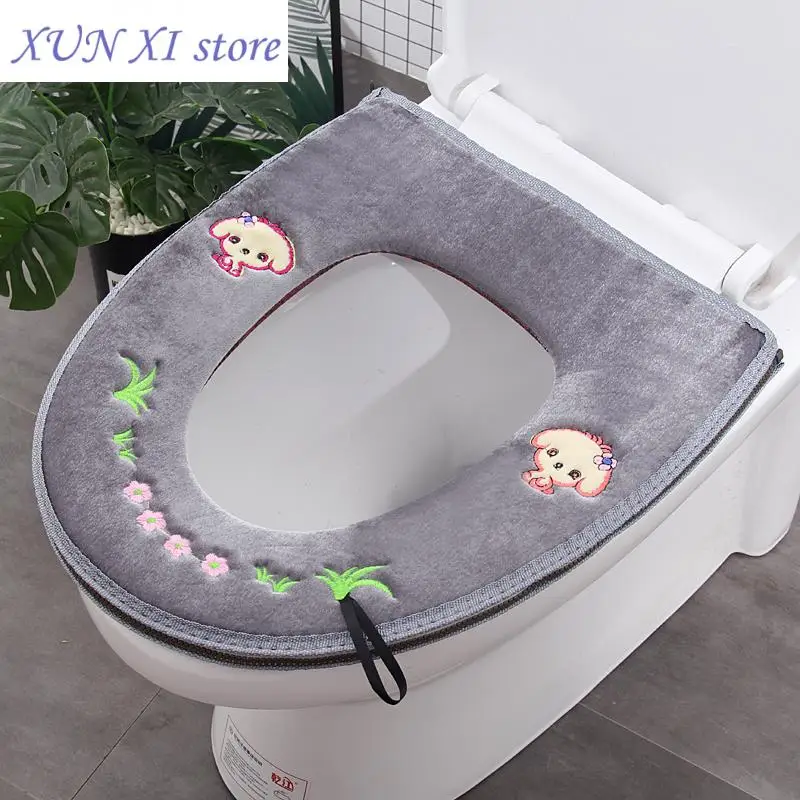 

New 2pcs Set Zippered Toilet Seat Cushion Thickened Plush Cartoon Toilet Seat Loop Waterproof Toilet Cover for Toilet Decor