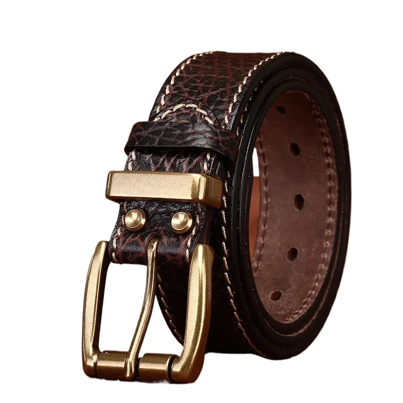 Men's Thickened Genuine Leather Belt Embossed Designer Brass Buckle Belt Pure Cowhide Vintage Belt Men's Jeans Belt Belt