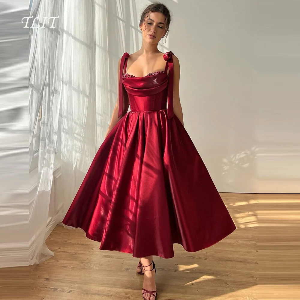 

TLIT Sexy Red Short Silk Satin A-Line Evening Gown Dresses Strapless Spaghetti Strap Bow Tie Prom Gowns Customized Formal Party