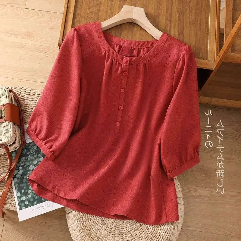 

New Summer Linen Vintage Shirt Loose Solid Color Round Neck Versatile Top