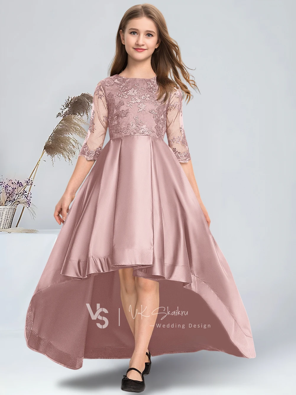 

D Kids A-line Scoop Asymmetrical Lace Satin Junior Bridesmaid Dress Flower Girl Dress for Wedding Dresses For School Dance Teens