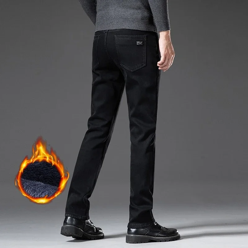 Calças de brim retas finas forradas de lã dos homens inverno quente veludo grosso denim calças térmicas de pelúcia casual workwear elegante ajuste confortável