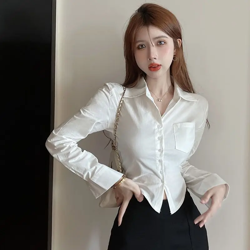 

Women Clothes Spring Autumn Fashion Casual Button Solid Color Polo Collar Women Shirts All-match Temperament Long Sleeve Top Tee