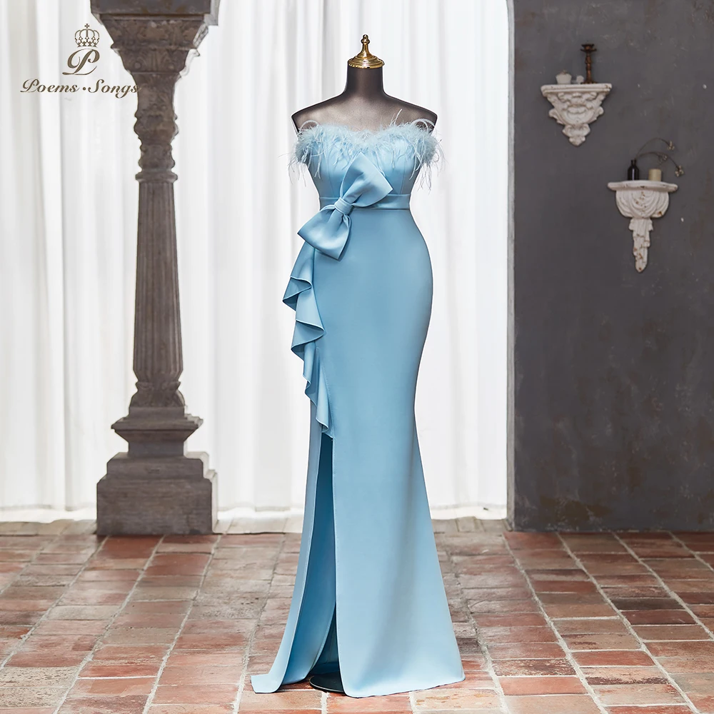 Sophisticated Light Blue Strapless Evening Dress with Delicate Feather Trim and Ruffle vestidos de fiestas elegantes mujer