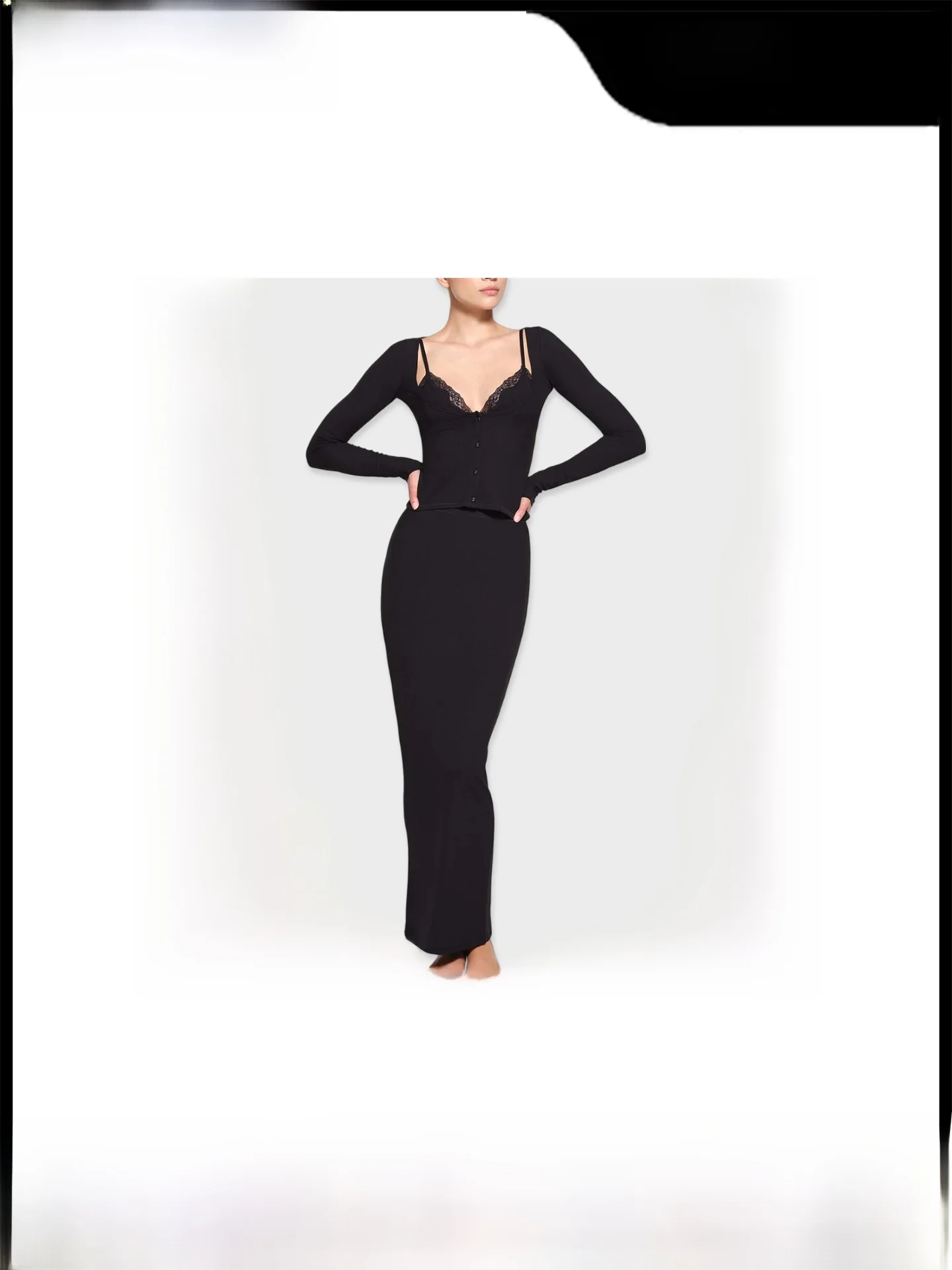 

Kardaian Lace Bla Sexy Strap V-ne Fake Two-piece Long Sve Top Vest Women's Faion Sensual Sle Universal Fit Slimm...