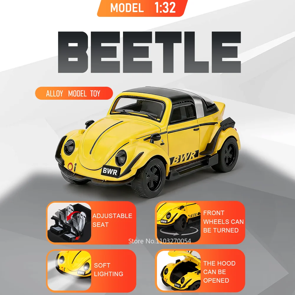 

Машинка-игрушка 1:32 Beetle Santana из литого сплава, открывающиеся двери, звук и свет, откат назад, амортизация, настольное украшение