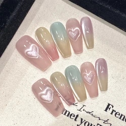 Handmade Press on Nails Sweet Pink Heart Cat Eye False Nails Short/Mid-length Ballet Coffin Fake Nails for Girl Lady Wearable