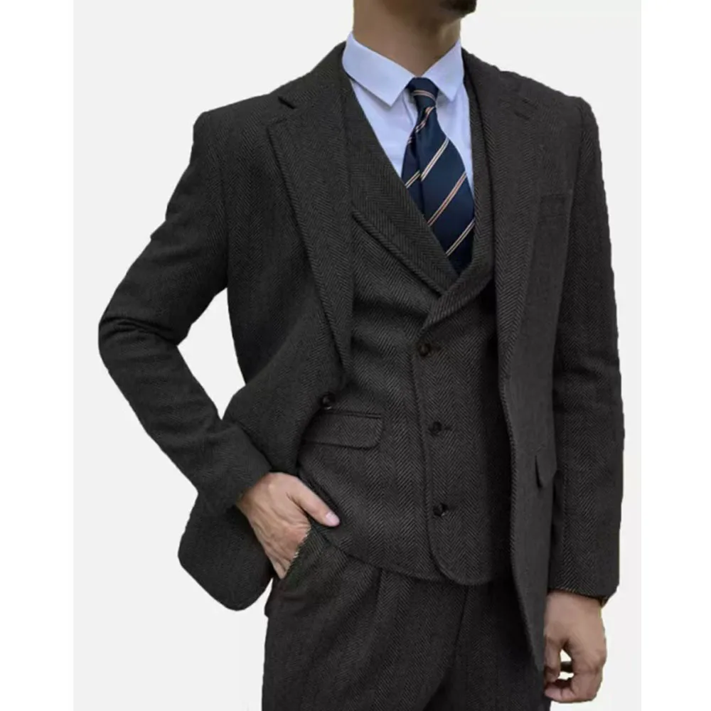 

Men's Vintage Tweed Herringbone 3 Pieces Slim Fit Business Casual Suit Male Suit Set