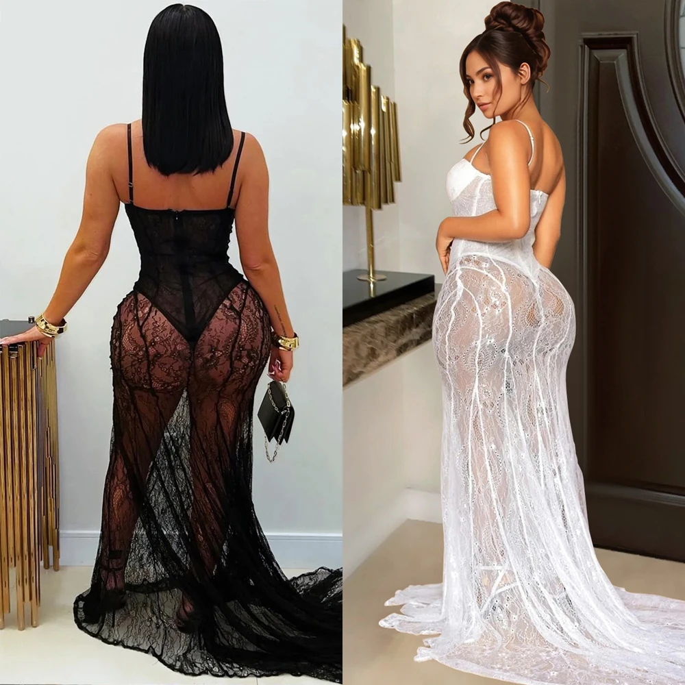 Sexy Damen-Maxikleid mit Sling-Trägern, glamouröse transparente Spitze, Neuheiten 2025, Party, Club, Abendkleider, luxuriöse lange Geburtstagskleider