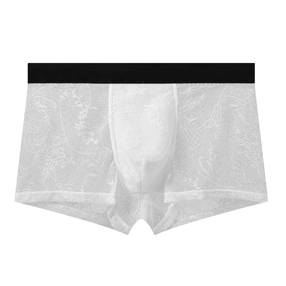 Jacquard Lace Boxer Short Men Soft Ice Silk Mesh See Through Underwear Summer Breathable Quick-dry Underpant U Convex Trunk