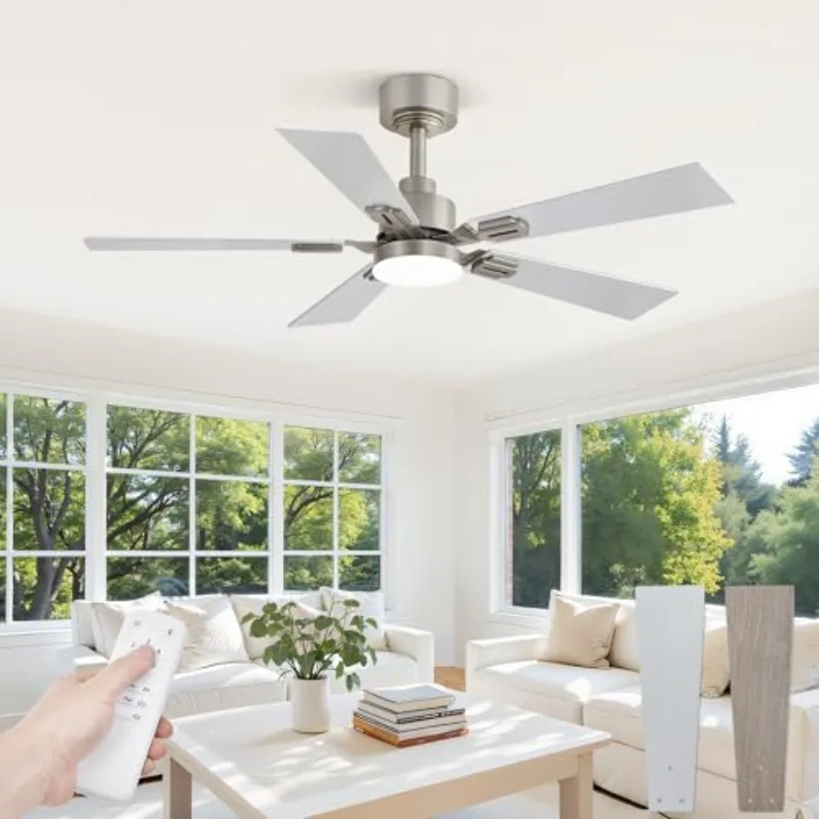 Bedroom ceiling fan with light and remote: modern low-profile nickel finish, dimmable 3CCT LED, quiet DC motor, reversible, 6 s